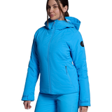 Women's insulated ski jacket in bright blue, front view with hood and full zipper