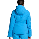 Women's insulated ski jacket in bright blue, back view with hood and full-zip