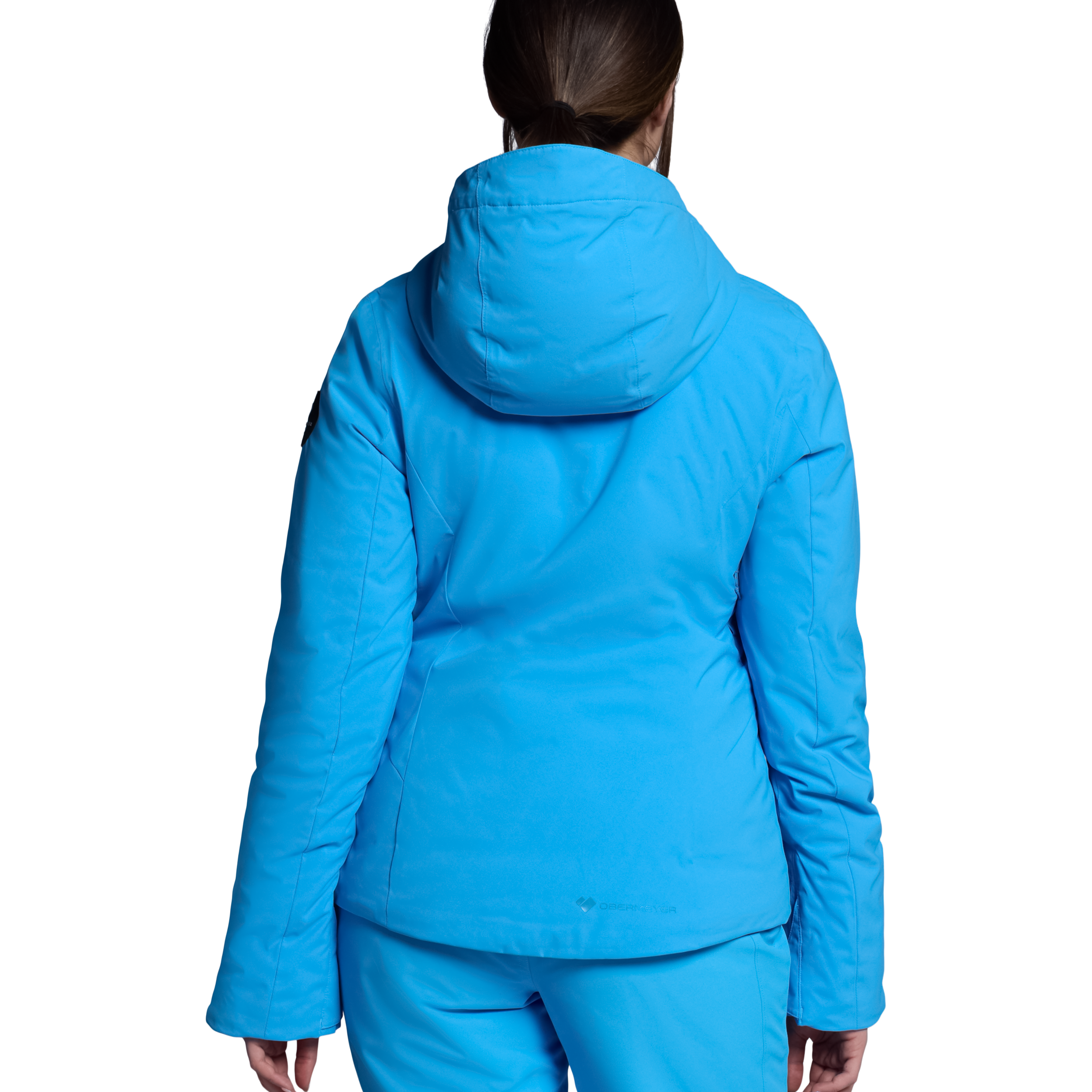 Women's insulated ski jacket in bright blue, back view with hood and full-zip