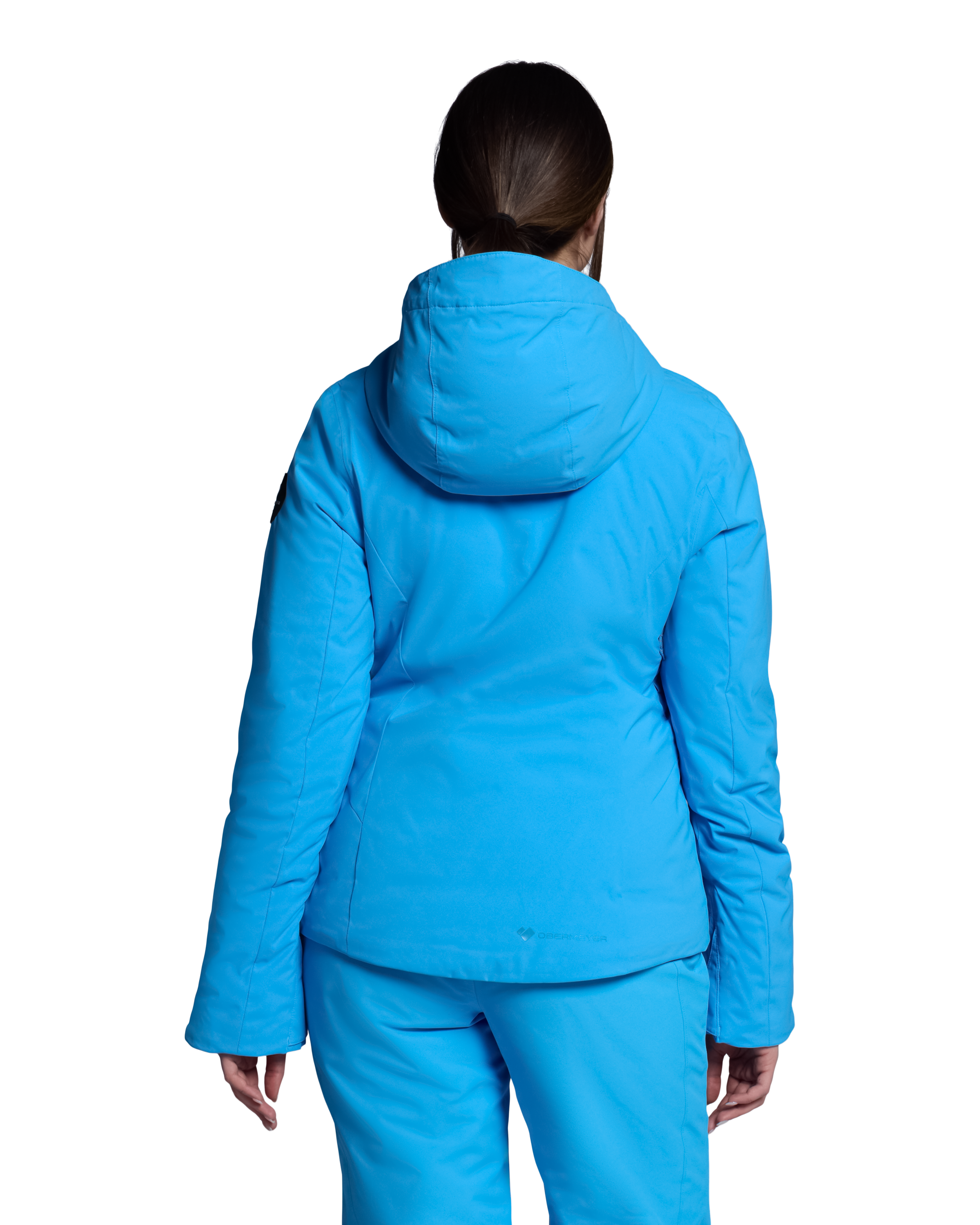 Women's insulated ski jacket in bright blue, back view with hood and full-zip