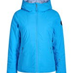 Women's insulated ski jacket in bright blue, hooded full-zip with stand collar