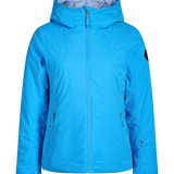 Women's insulated ski jacket in bright blue, hooded full-zip with stand collar