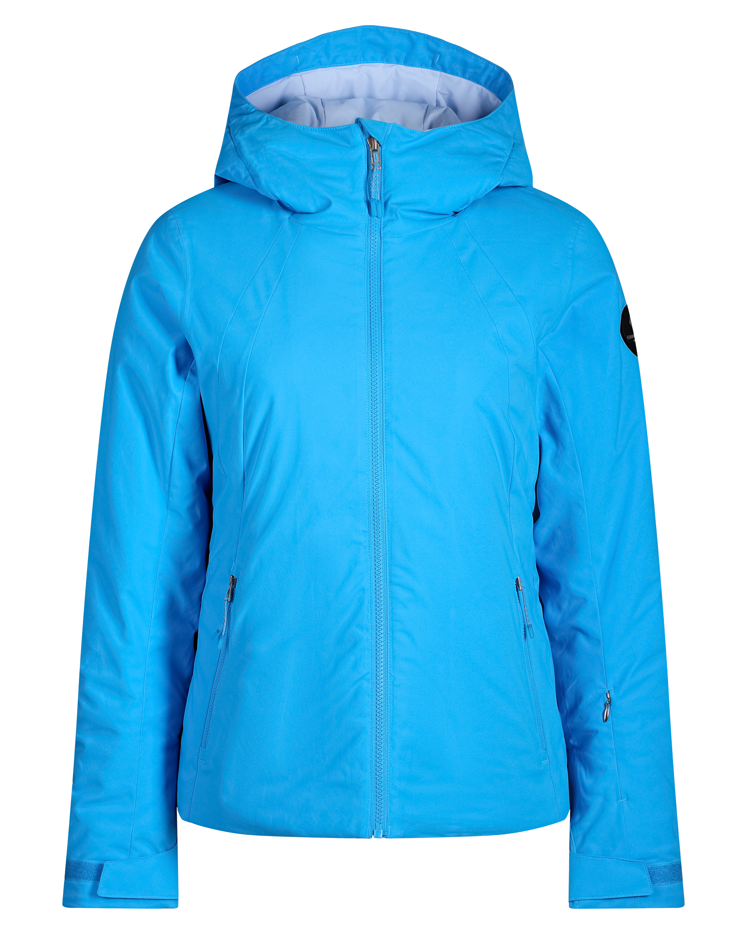 Women's insulated ski jacket in bright blue, hooded full-zip with stand collar