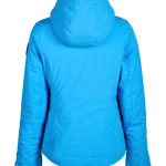 Women's insulated ski jacket in bright blue, back view with padded hood