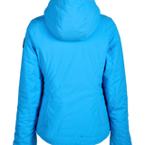 Women's insulated ski jacket in bright blue, back view with padded hood
