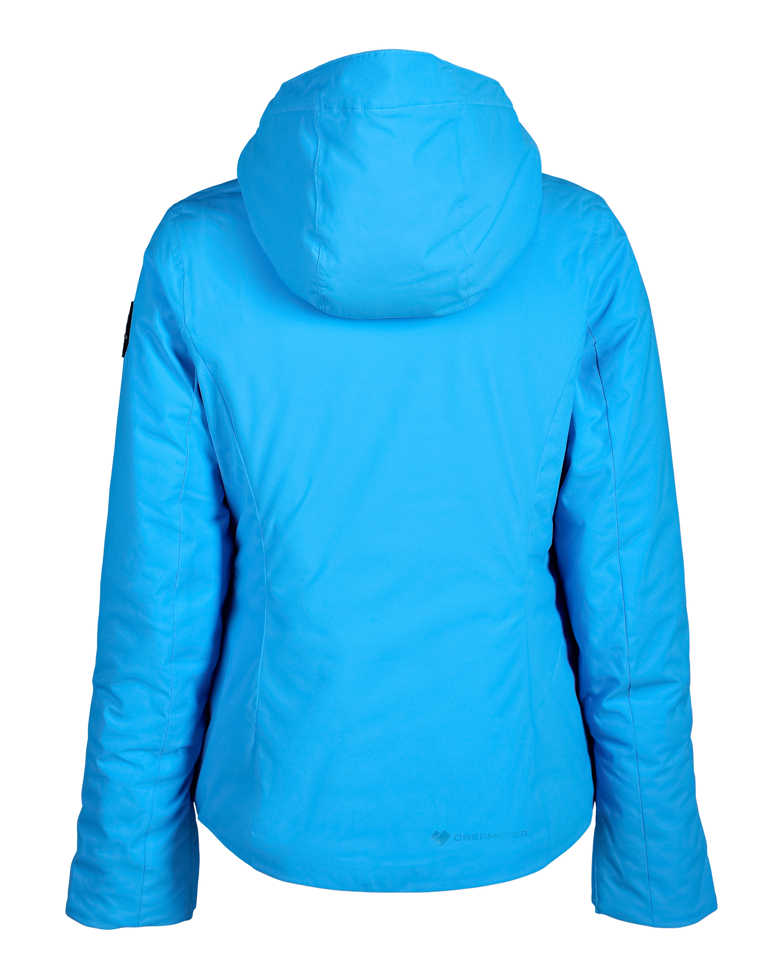Women's insulated ski jacket in bright blue, back view with padded hood