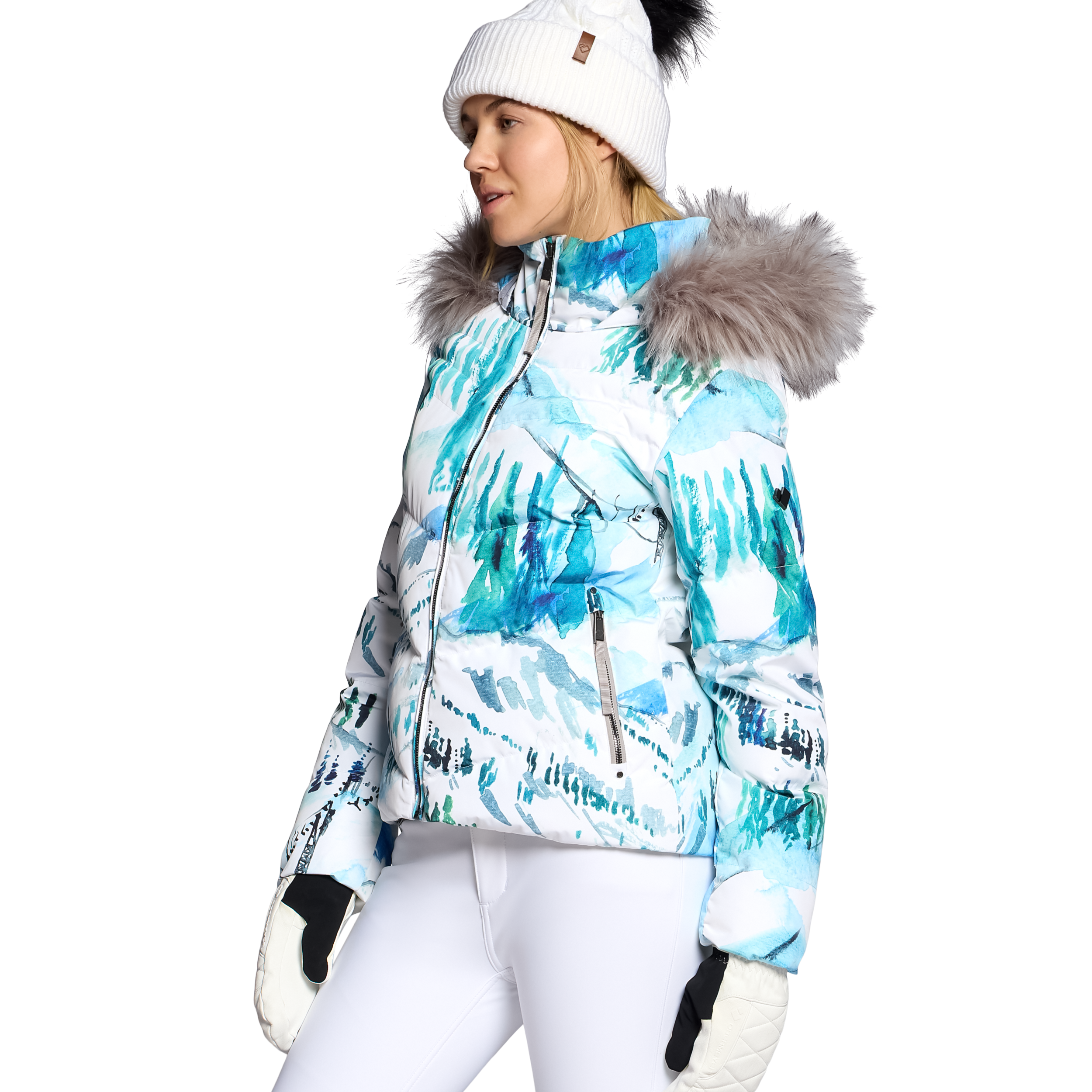 Women's insulated bomber jacket with faux-fur collar, blue-and-white abstract print
