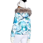 Women's insulated bomber jacket with faux-fur trimmed hood, blue and white abstract pattern