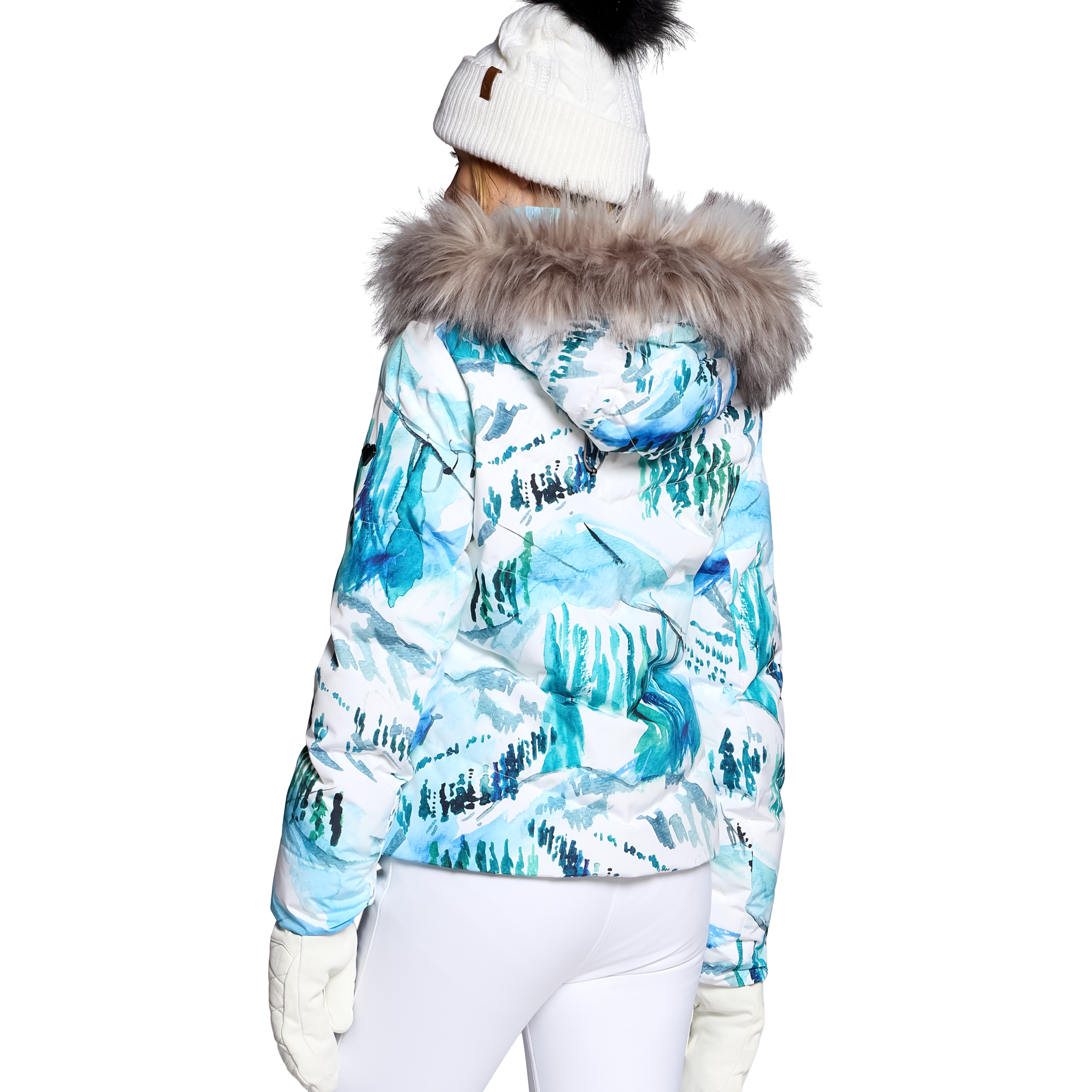 Women's insulated bomber jacket with faux-fur trimmed hood, blue and white abstract pattern