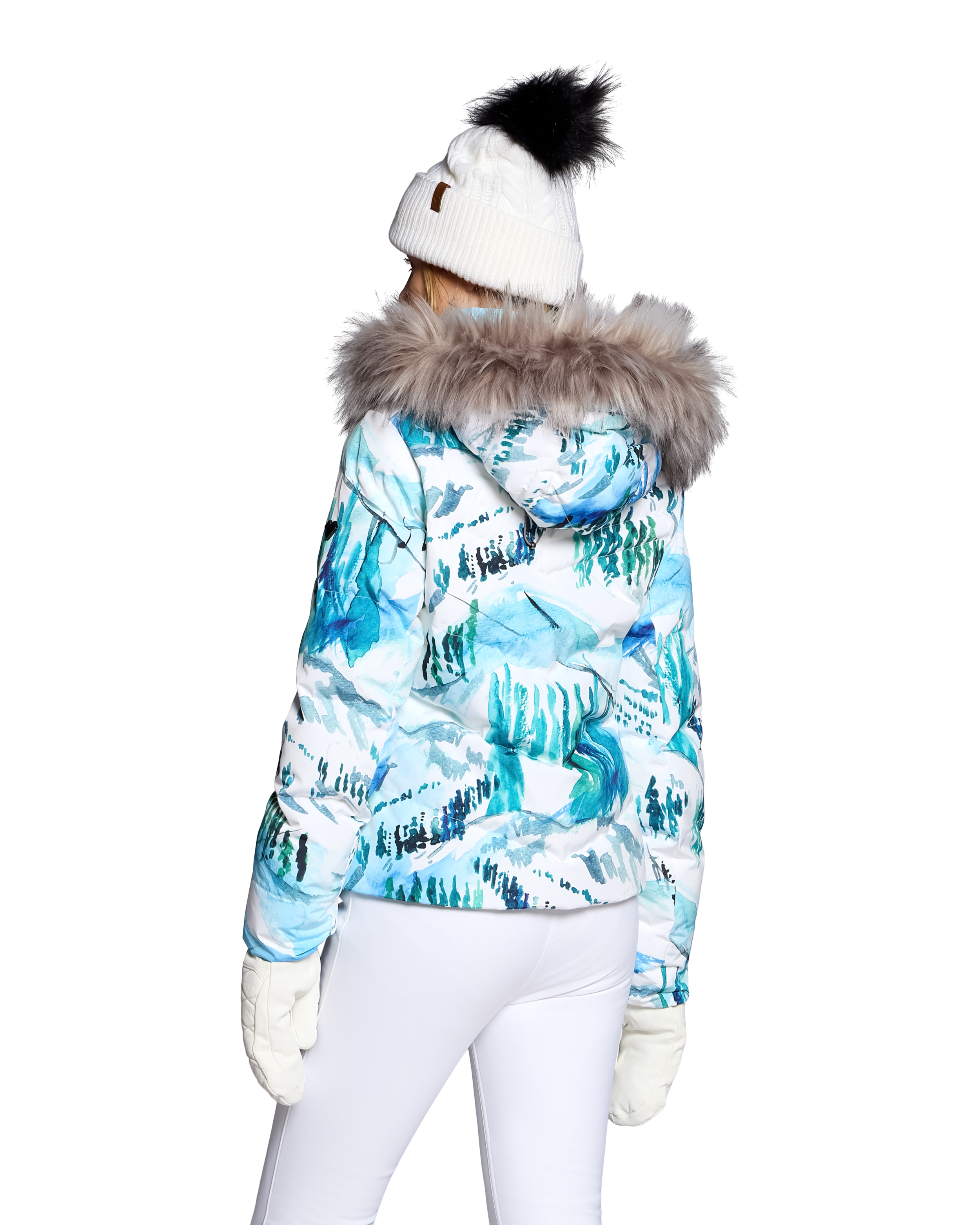 Women's insulated bomber jacket with faux-fur trimmed hood, blue and white abstract pattern