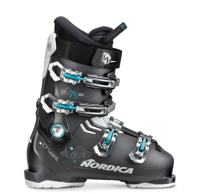 Nordica Women's Cruise 75 R Ski Boot 2024 - Black ski boot with silver buckles and teal accents.