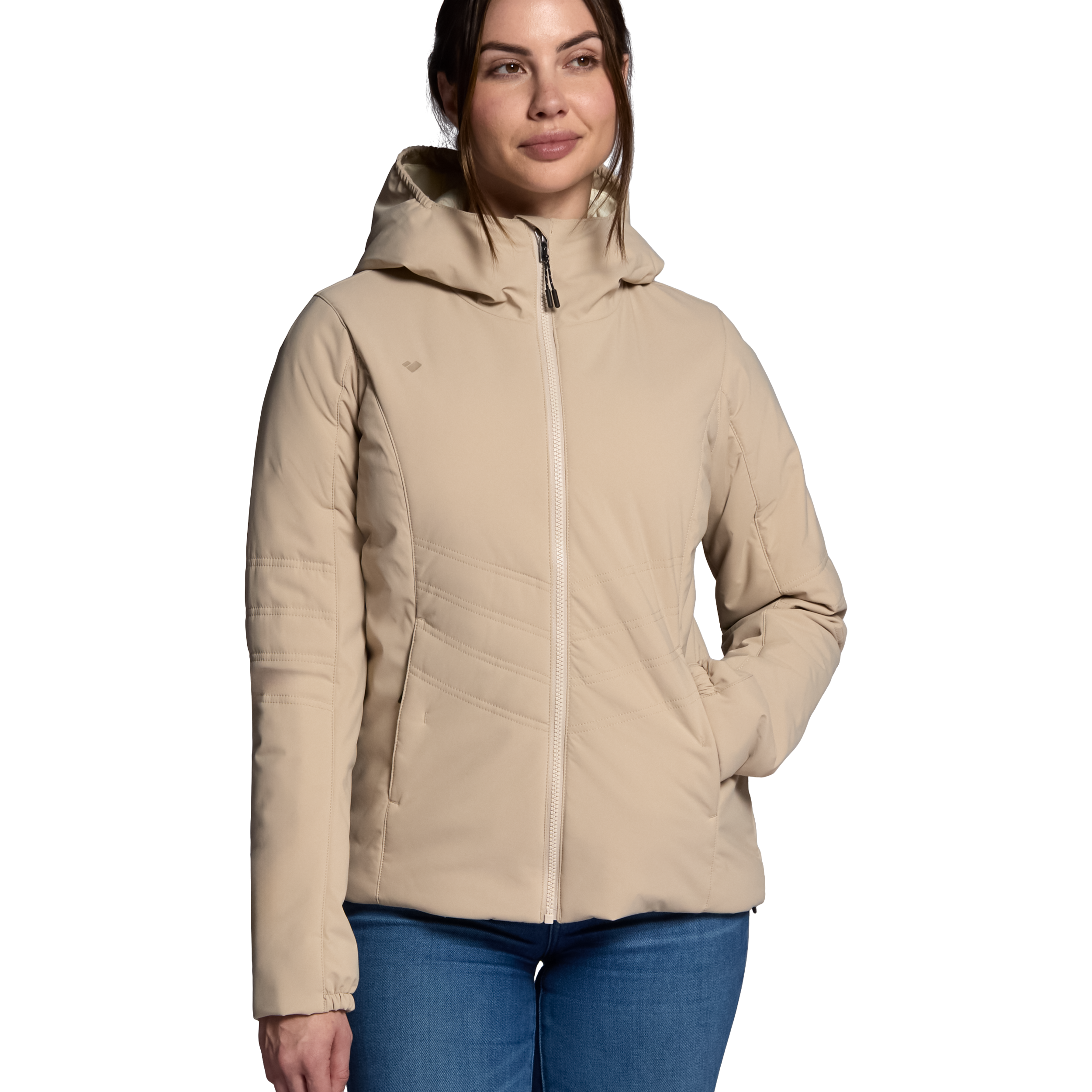 Women's cashmere hooded puffer jacket with full-zip and quilted front
