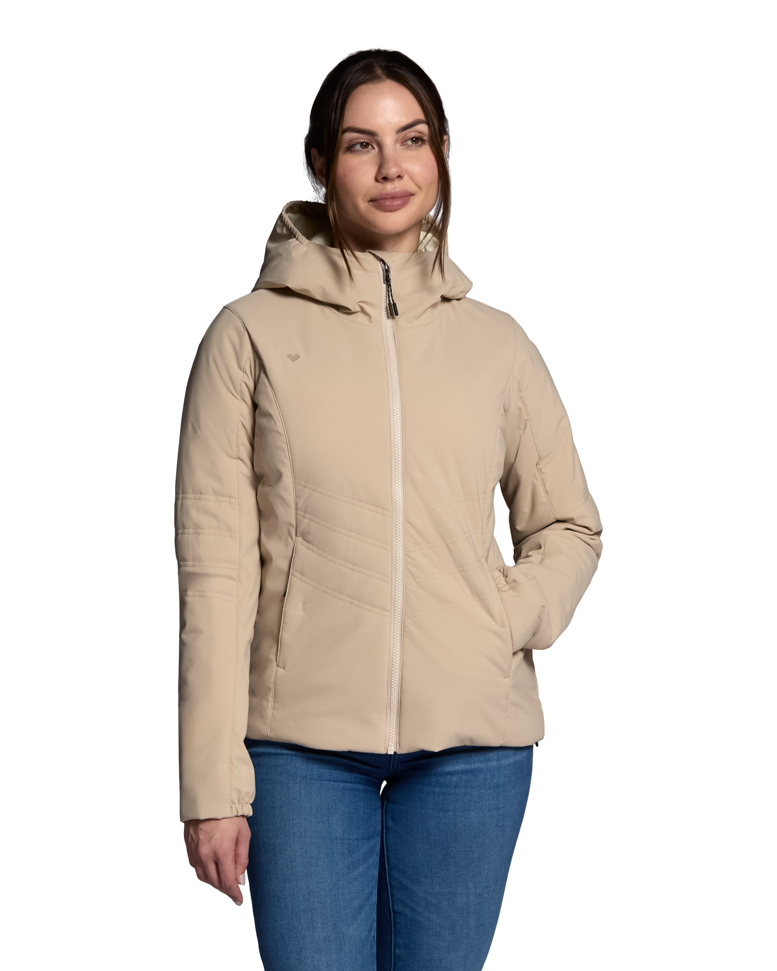 Women's cashmere hooded puffer jacket with full-zip and quilted front