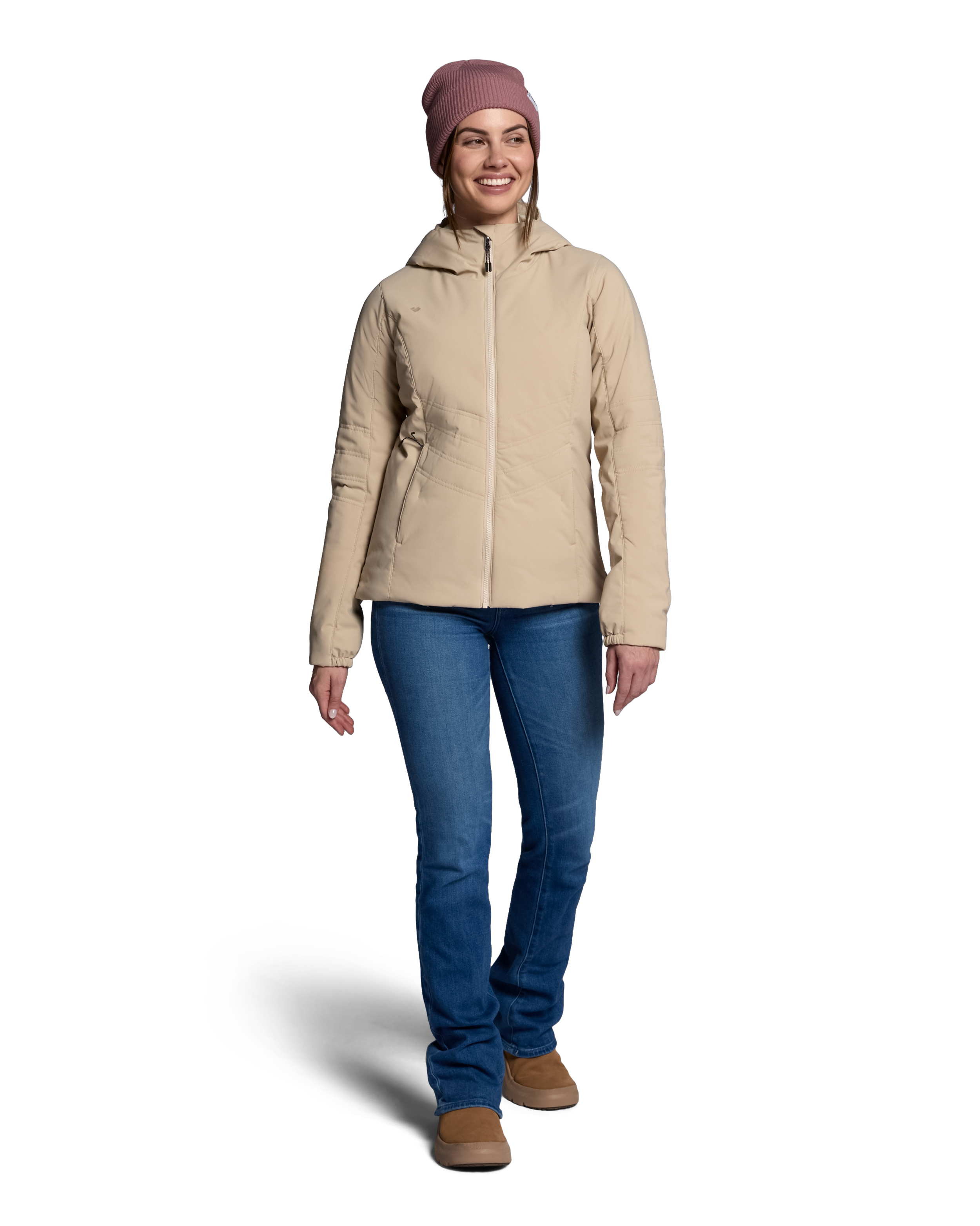 Women's hooded puffer jacket with full-zip front and quilted panels, cashmere
