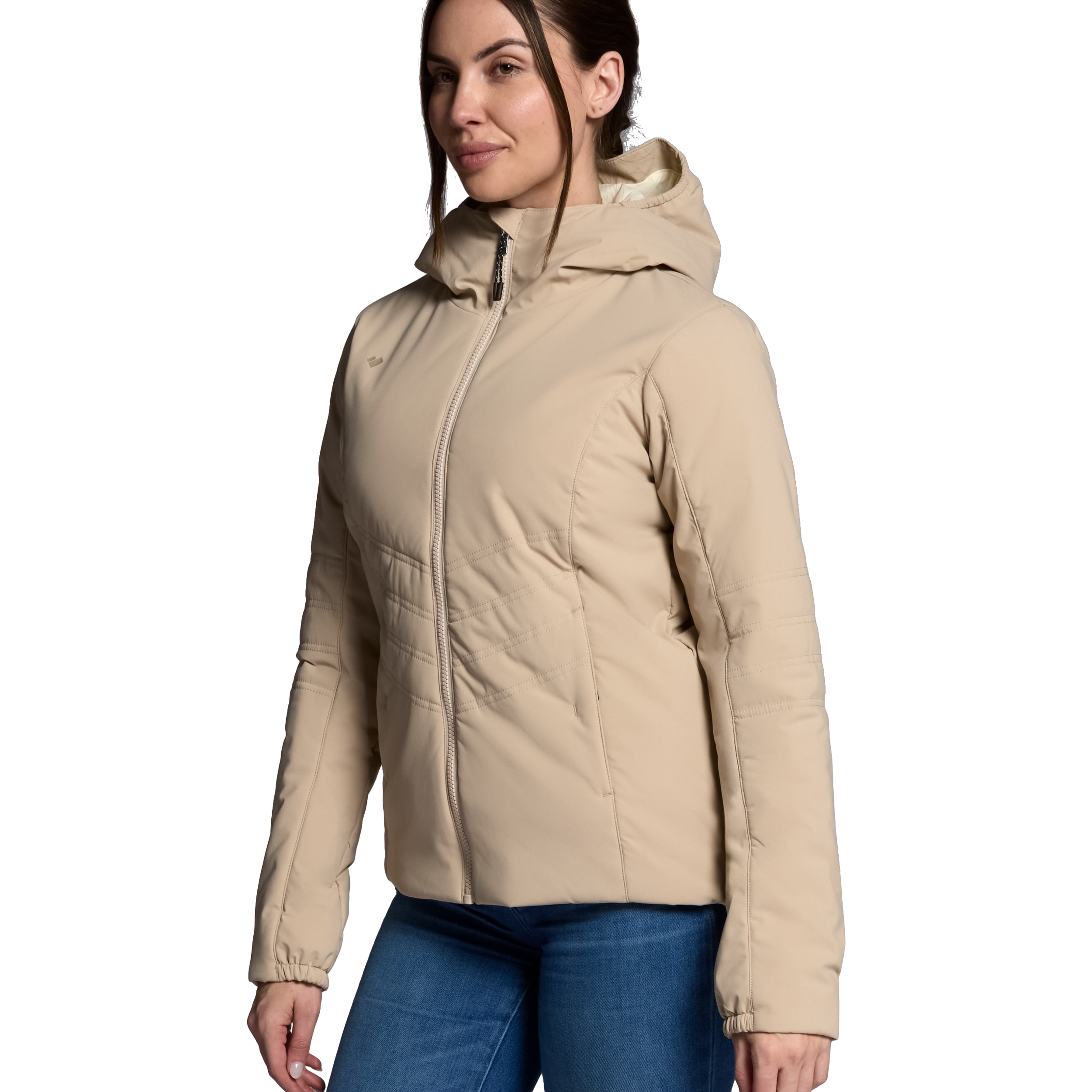 Women's cashmere hooded puffer jacket, zip front and quilted sleeves