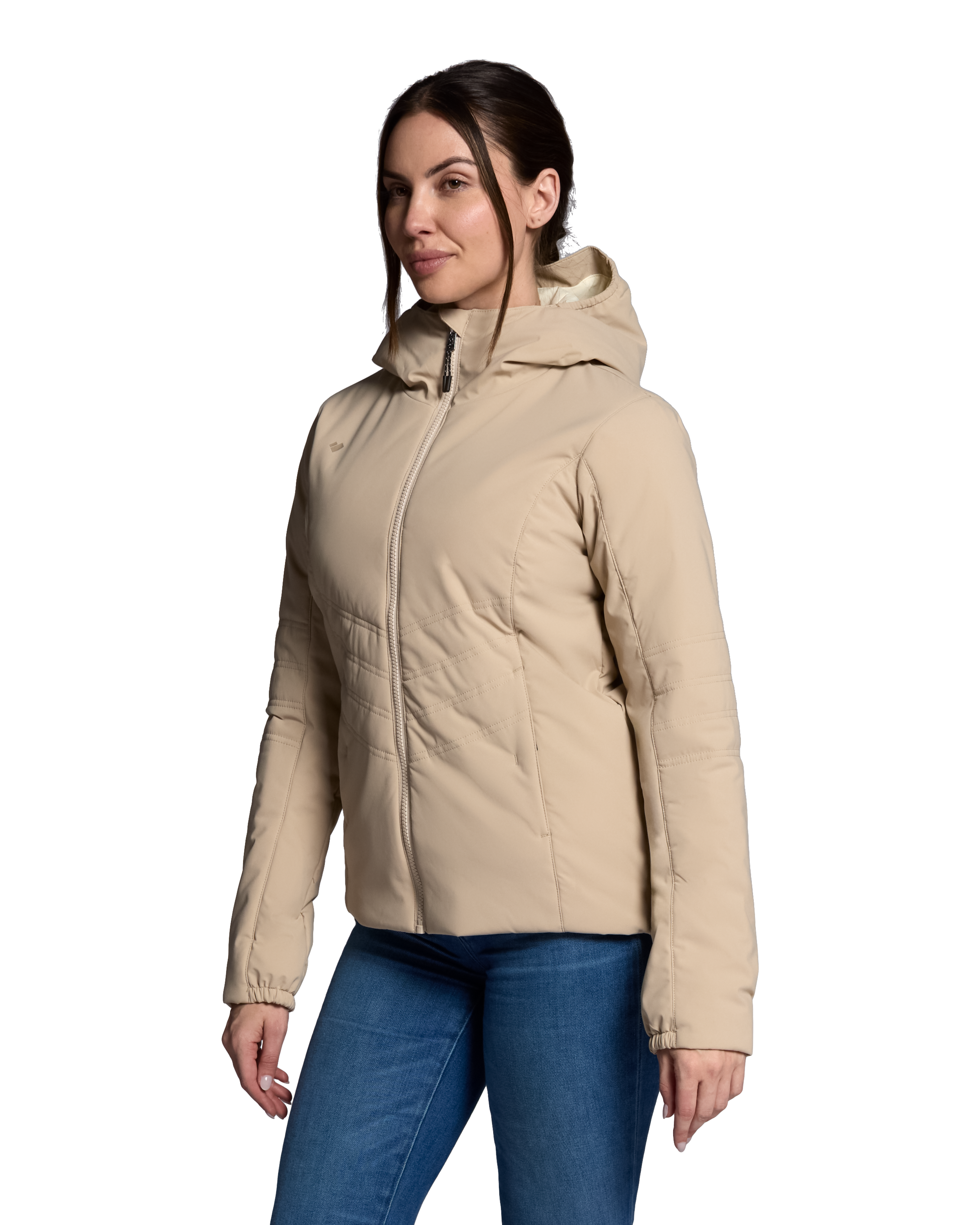Women's cashmere hooded puffer jacket, zip front and quilted sleeves