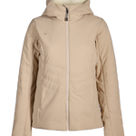 Women's cashmere hooded puffer jacket with front zipper and channel quilting
