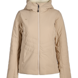 Women's cashmere hooded puffer jacket with front zipper and channel quilting