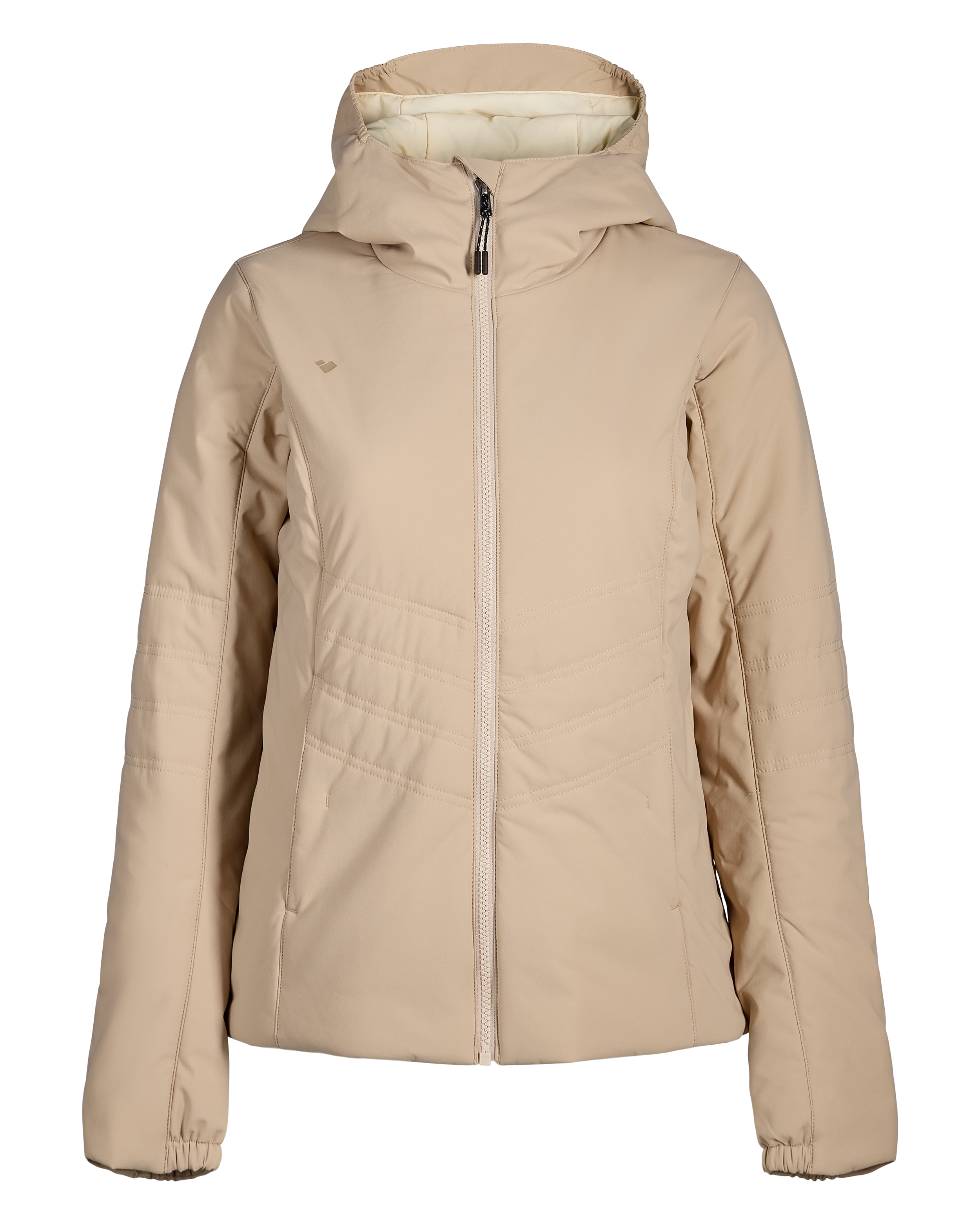 Women's cashmere hooded puffer jacket with front zipper and channel quilting