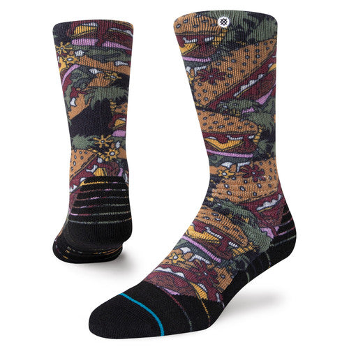 Stance Burger Run Kids Snowboard Sock 2022 - A pair of snowboard socks with a colorful burger design on an orange background.