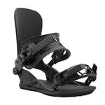 Union Strata Snowboard Bindings 2025 - A pair of black snowboard bindings with a sleek, modern design and silver buckles.