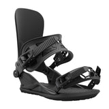 Union Strata Snowboard Bindings 2025 - A pair of black snowboard bindings with a sleek, modern design and silver buckles.