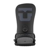 Union Strata Snowboard Bindings 2025 - A black snowboard binding with a large "U" logo on top and a small circular screw in the middle.