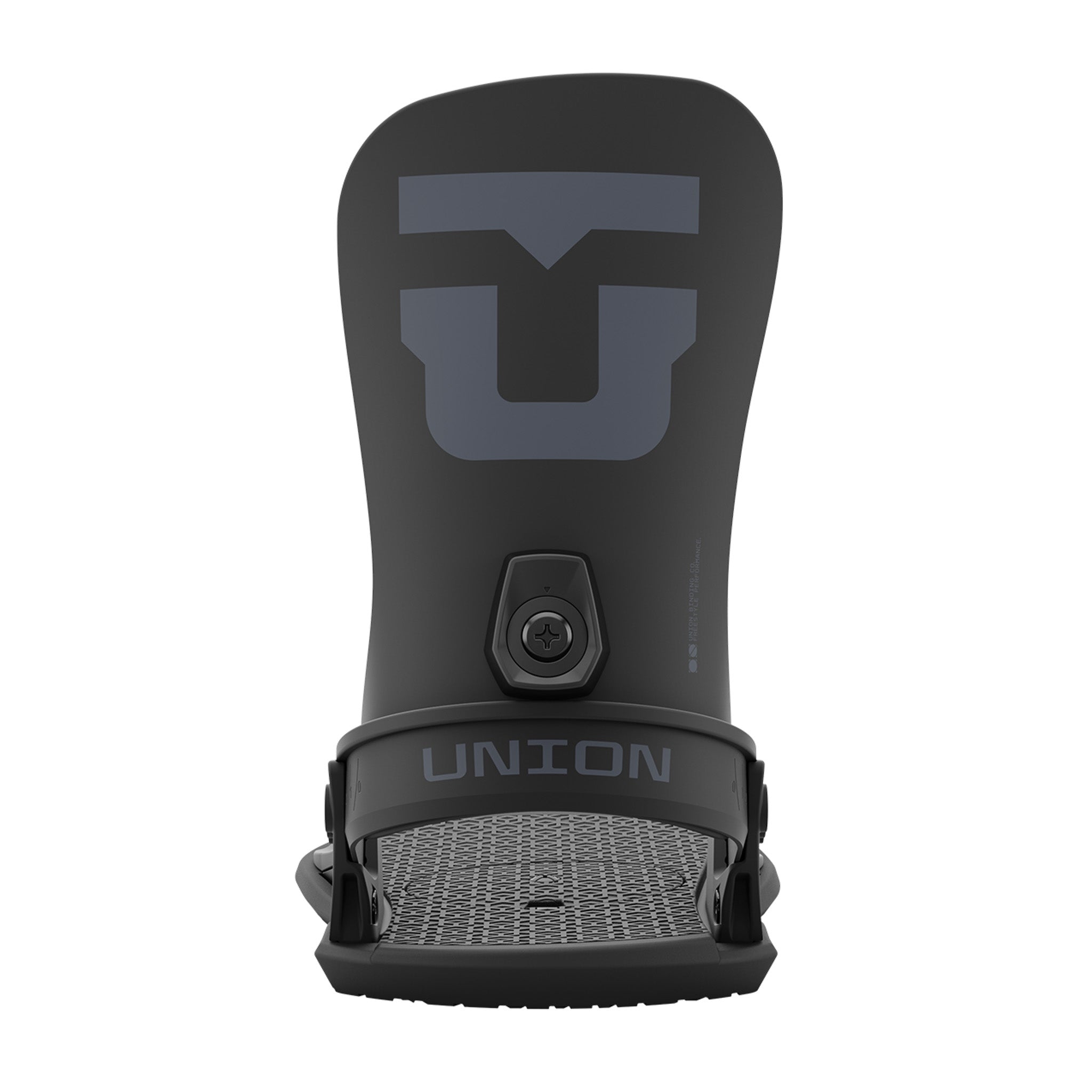 Union Strata Snowboard Bindings 2025 - A black snowboard binding with a large "U" logo on top and a small circular screw in the middle.
