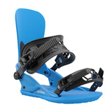 Union Strata Snowboard Bindings 2025 - A pair of blue snowboard bindings with black buckles and straps, featuring a sleek design with a prominent "U" logo on the buckle.