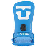 Union Strata Snowboard Bindings 2025 - A pair of blue snowboard bindings with a white logo on top and a black strap buckle in the middle.