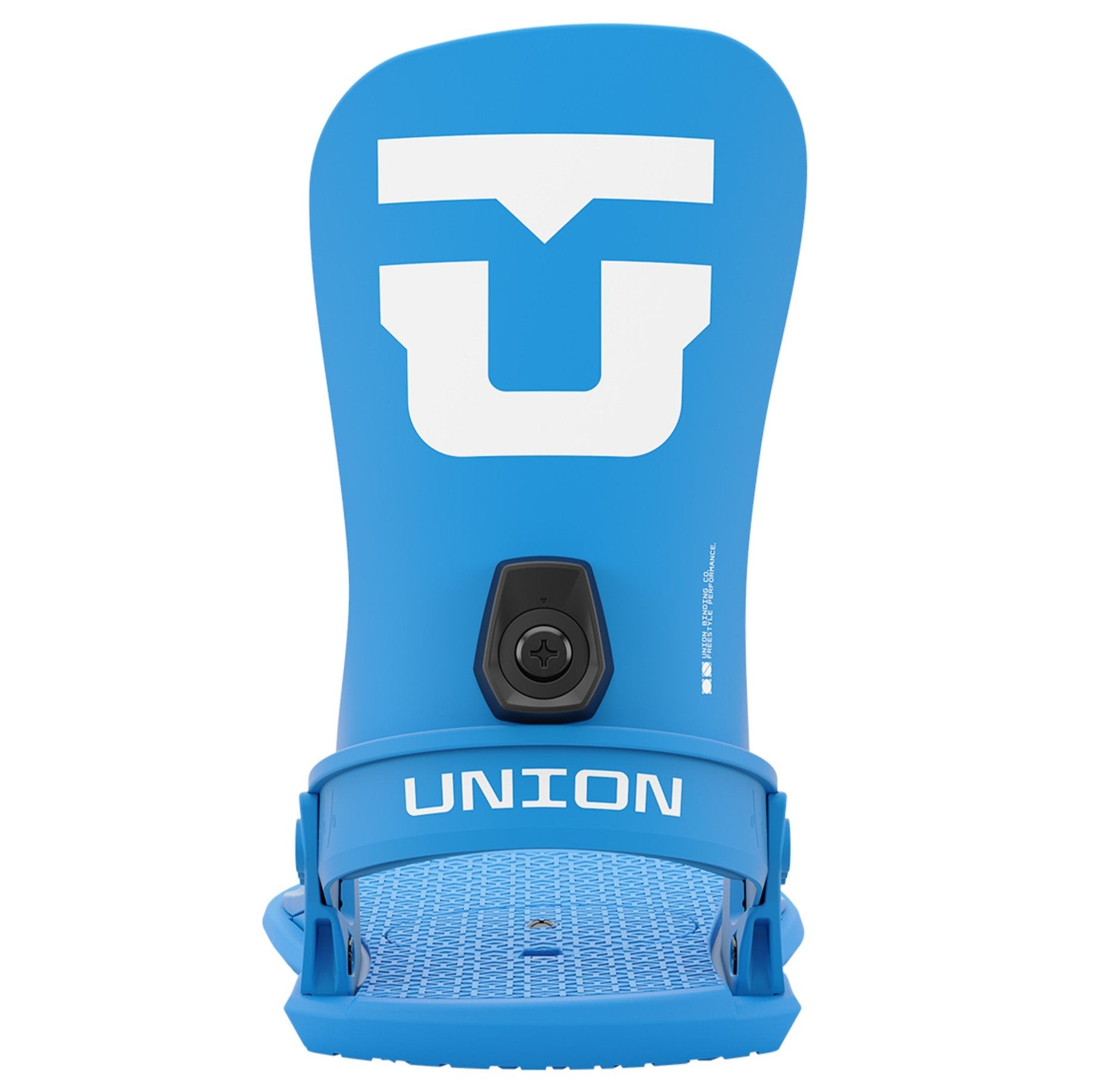 Union Strata Snowboard Bindings 2025 - A pair of blue snowboard bindings with a white logo on top and a black strap buckle in the middle.