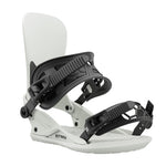Union Strata Snowboard Bindings 2025 - A pair of black snowboard bindings with a sleek, modern design and silver buckles.