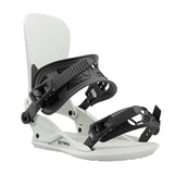 Union Strata Snowboard Bindings 2025 - A pair of black snowboard bindings with a sleek, modern design and silver buckles.