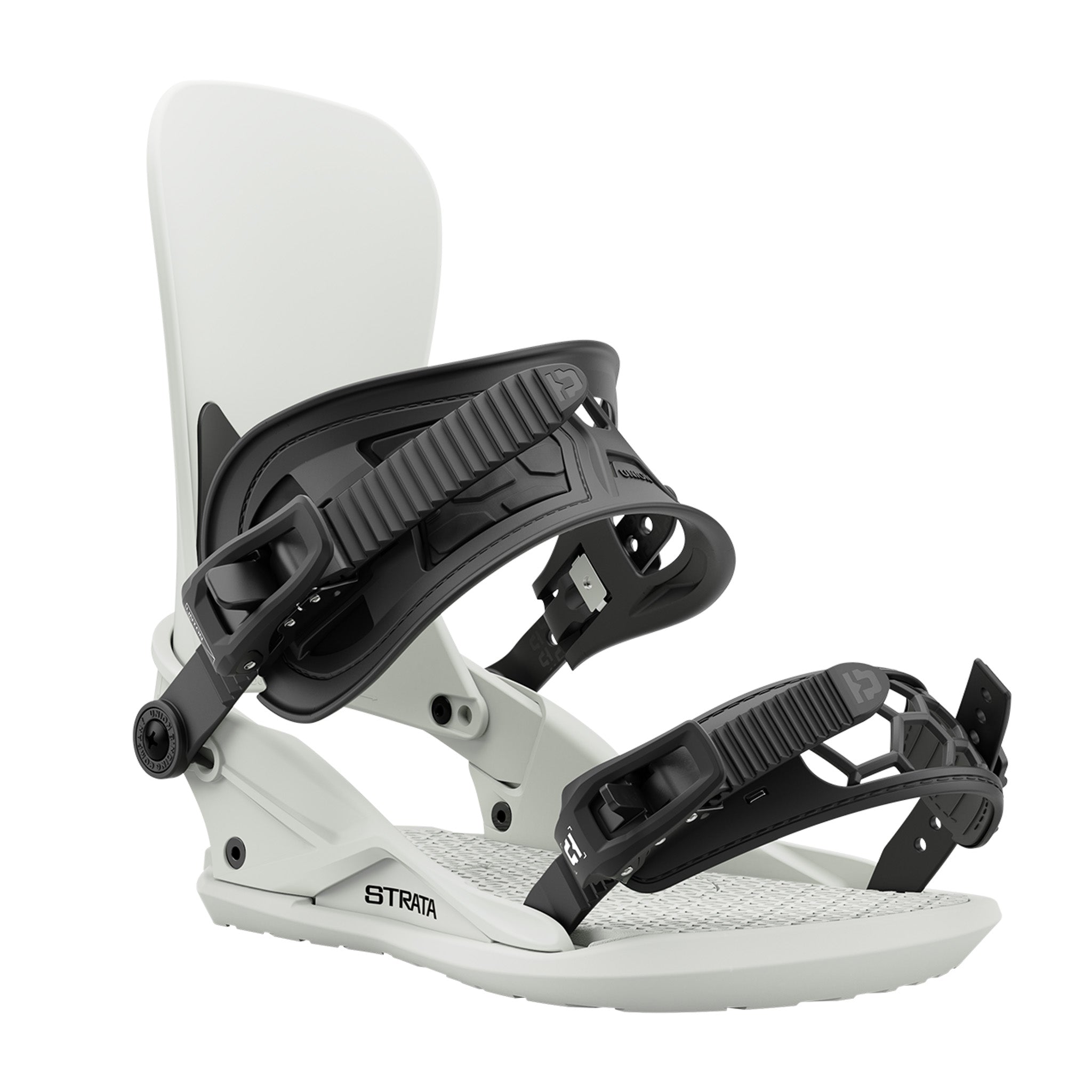 Union Strata Snowboard Bindings 2025 - A pair of black snowboard bindings with a sleek, modern design and silver buckles.