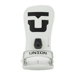 Union Strata Snowboard Bindings 2025 - A pair of white snowboard bindings with a black logo on top and a black strap buckle in the middle.