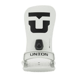 Union Strata Snowboard Bindings 2025 - A pair of white snowboard bindings with a black logo on top and a black strap buckle in the middle.