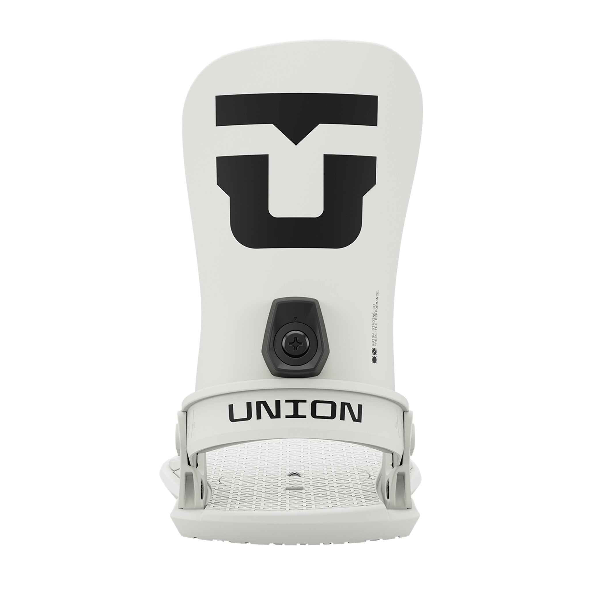 Union Strata Snowboard Bindings 2025 - A pair of white snowboard bindings with a black logo on top and a black strap buckle in the middle.