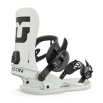 Union Strata Snowboard Bindings 2025 - A pair of white snowboard bindings with black buckles and straps, featuring a large "U" logo on the top plate.