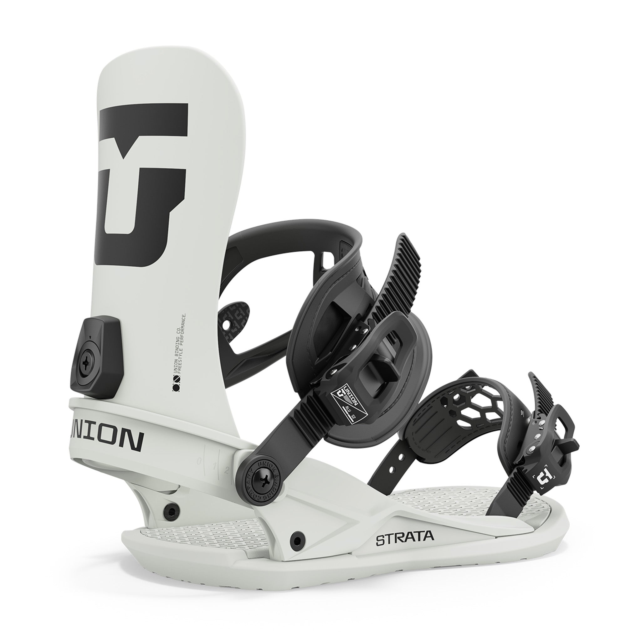 Union Strata Snowboard Bindings 2025 - A pair of white snowboard bindings with black buckles and straps, featuring a large "U" logo on the top plate.