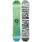 Nitro Youth Ripper x Volcom Snowboard 2025 - A green and blue snowboard with a wavy line pattern on top, featuring a black star logo in the center.