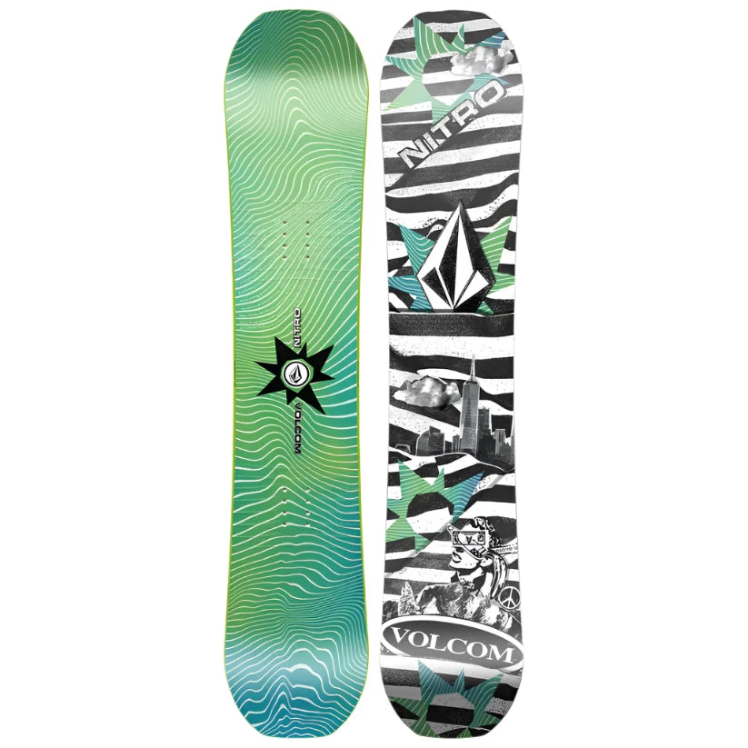 Nitro Youth Ripper x Volcom Snowboard 2025 - A green and blue snowboard with a wavy line pattern on top, featuring a black star logo in the center.