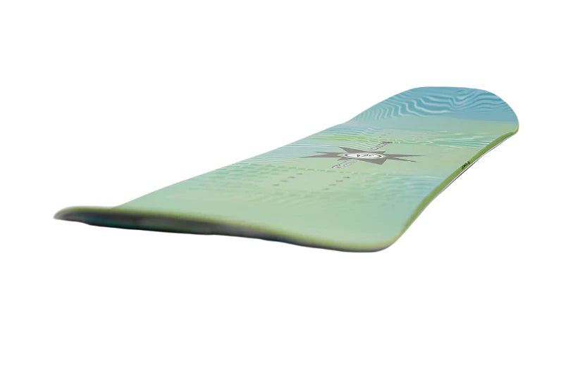 Nitro Youth Ripper x Volcom Snowboard 2025 - A light blue snowboard with a darker blue stripe and white wavy lines on top, featuring a black logo in the center.