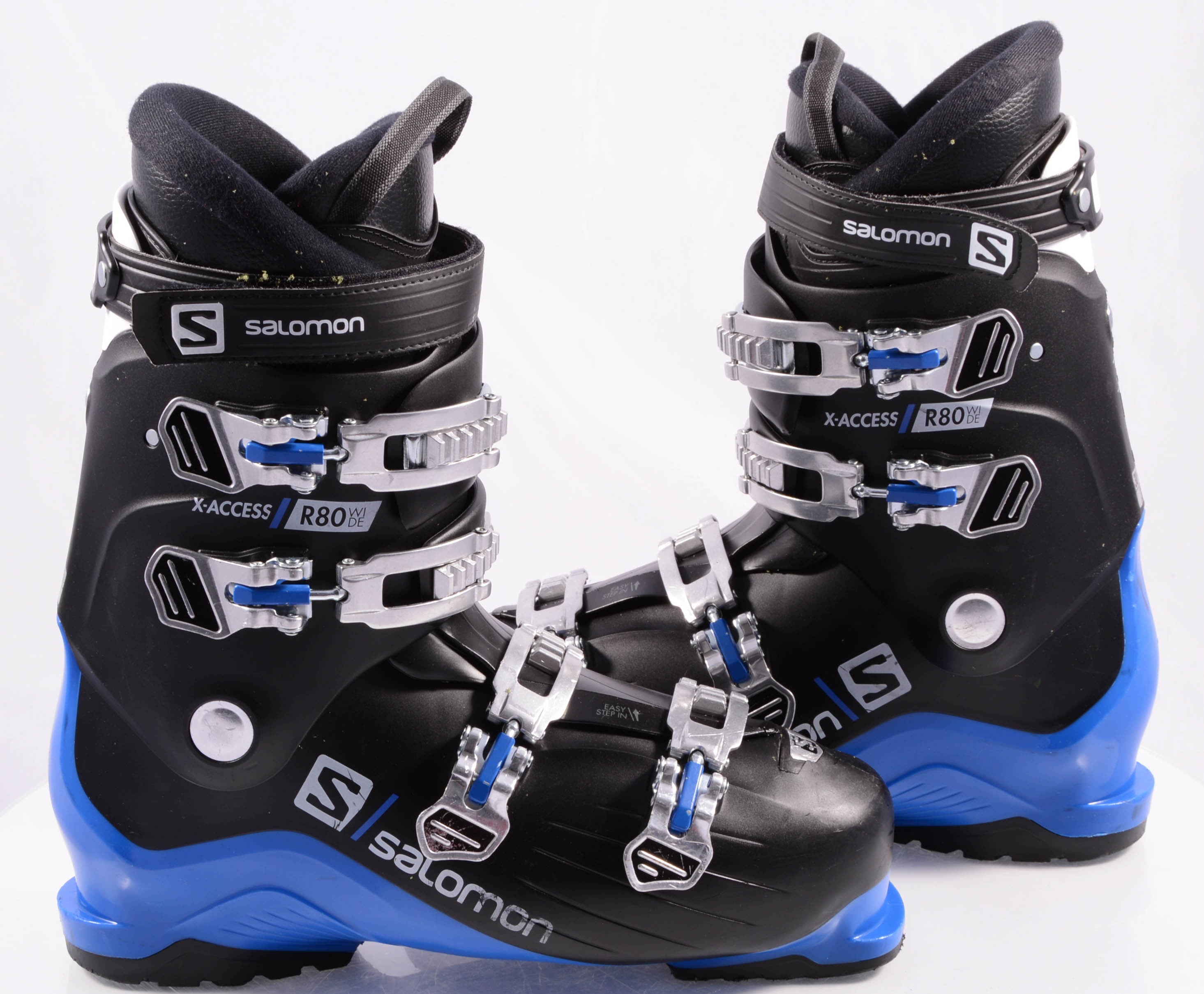 Salomon X Access 80 Wide Ski Boots 2022 - Black ski boots with silver buckles and blue accents on the sides.