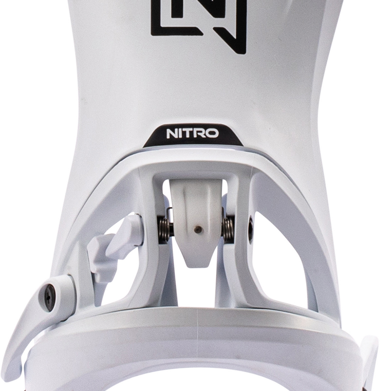 White snowboard boot bindings with Nitro logo on highback and padded front platform