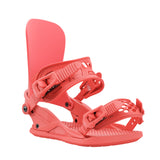 Union Women's Legacy Snowboard Bindings 2025 - A coral-colored snowboard binding with a textured footbed and black screws.