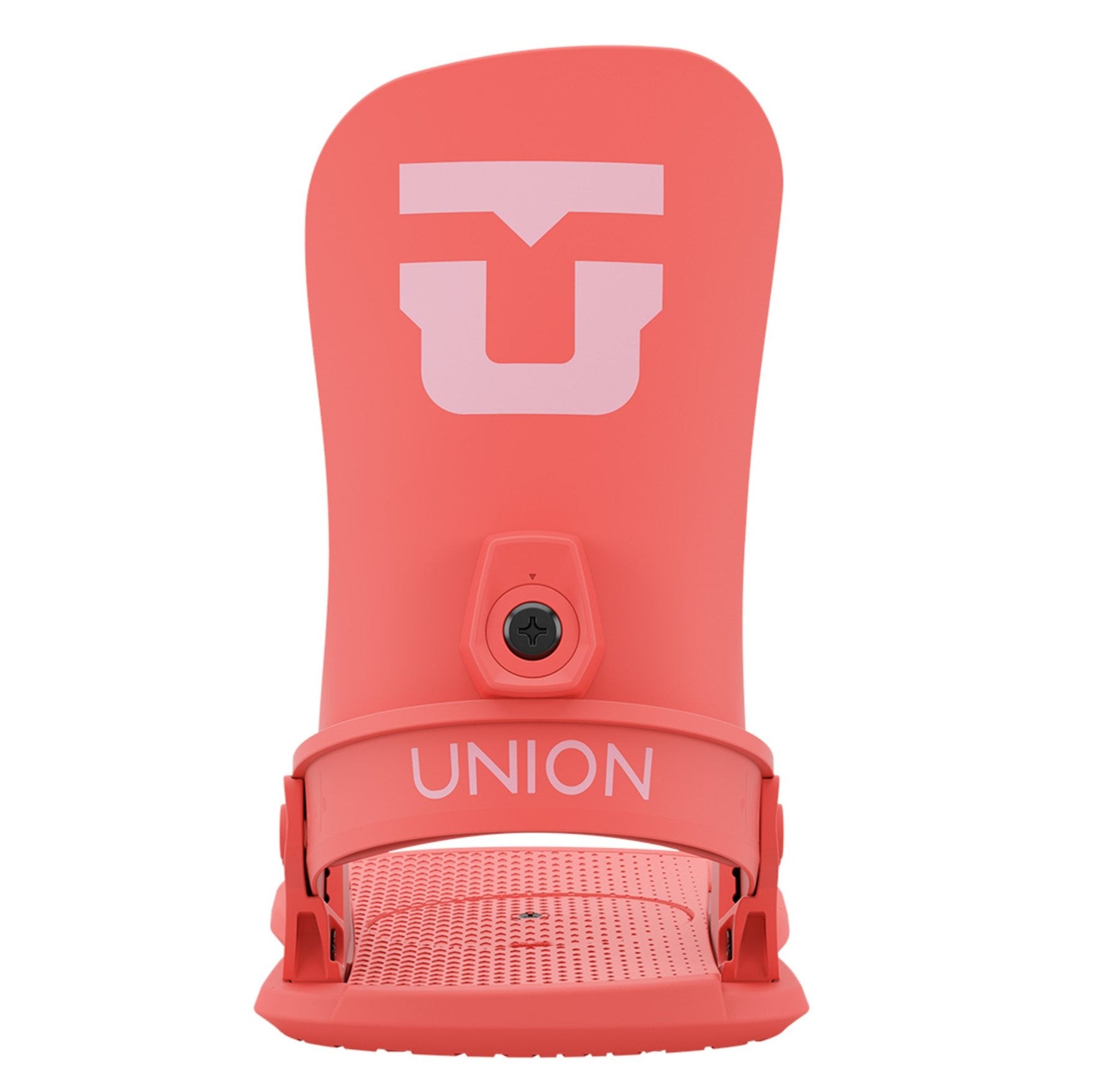 Union Women's Legacy Snowboard Bindings 2025 - A coral-colored snowboard binding with a large white "U" logo on top and a black circular screw in the middle.