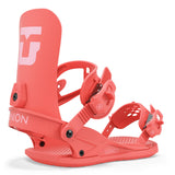 Union Women's Legacy Snowboard Bindings - A coral-colored snowboard binding with a white logo on top, featuring a strap and buckle.