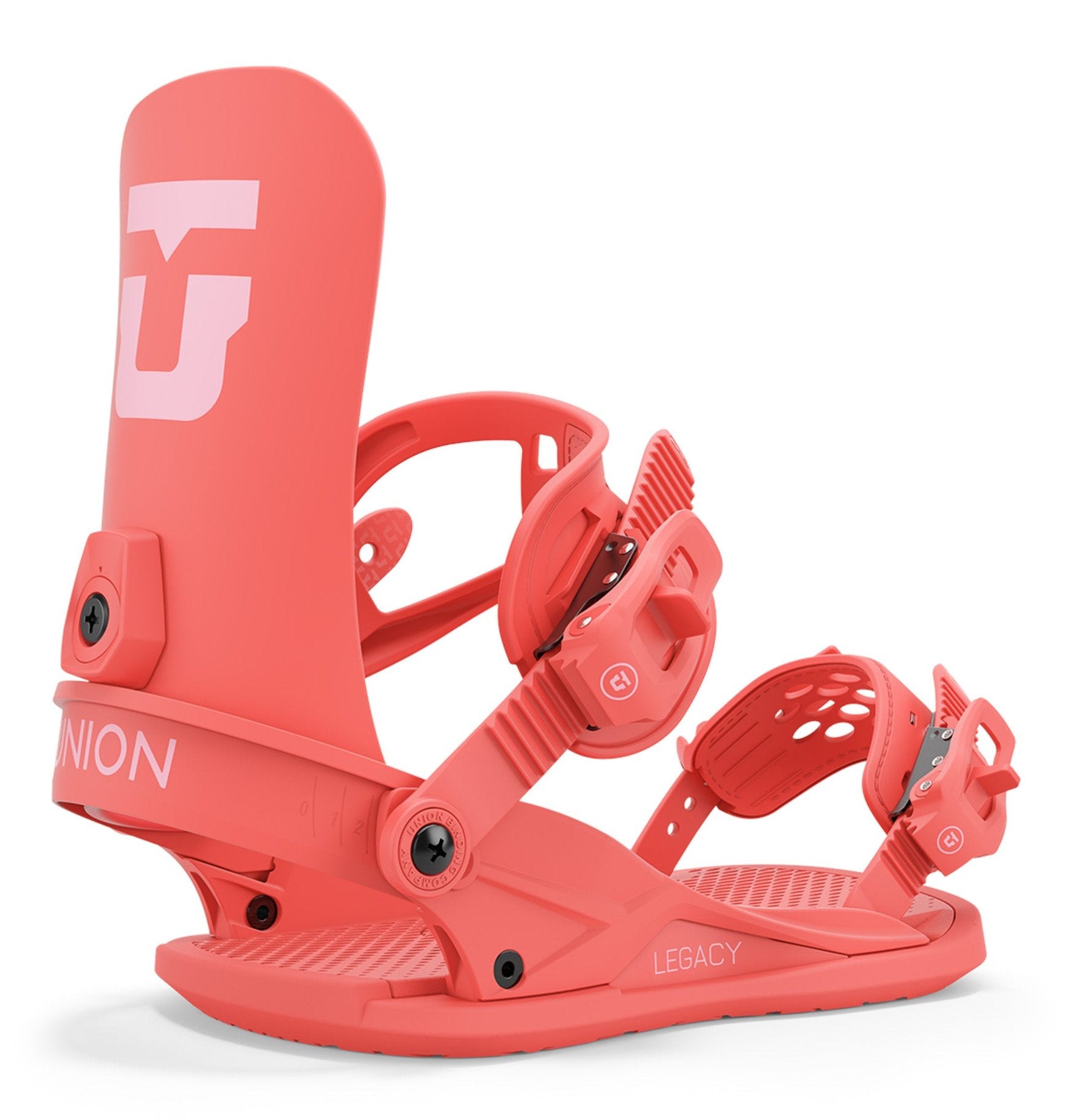 Union Women's Legacy Snowboard Bindings - A coral-colored snowboard binding with a white logo on top, featuring a strap and buckle.