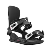 Union Women's Legacy Snowboard Bindings 2025 - A black snowboard binding with white buckles and a pink logo on the buckle.
