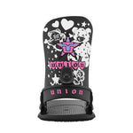 Union Women's Legacy Snowboard Bindings 2025 - A black snowboard binding with a pink and blue logo featuring a pixelated "U" in the center, surrounded by white stars and hearts.